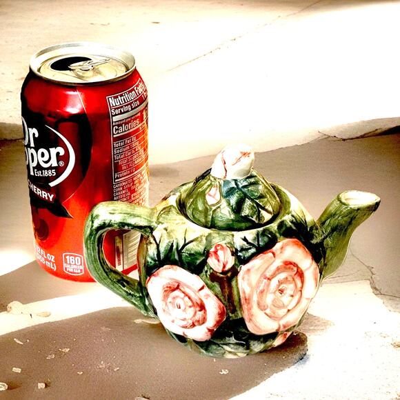 Child’s Miniature Ceramic Green Teapot with Pink Roses and Lid - Picture 6 of 6